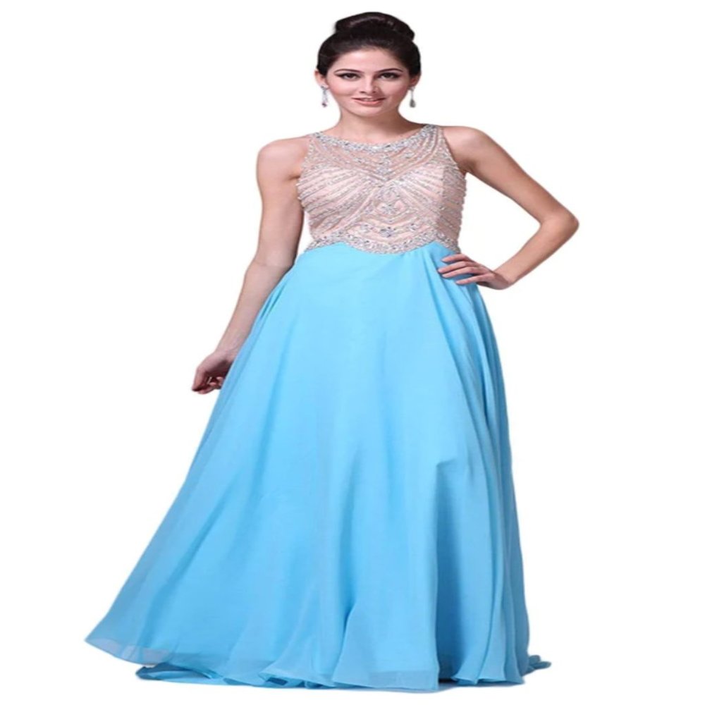 Cinderella Divine - Crystal Embellished A-Line Evening Gown - Sky Blue